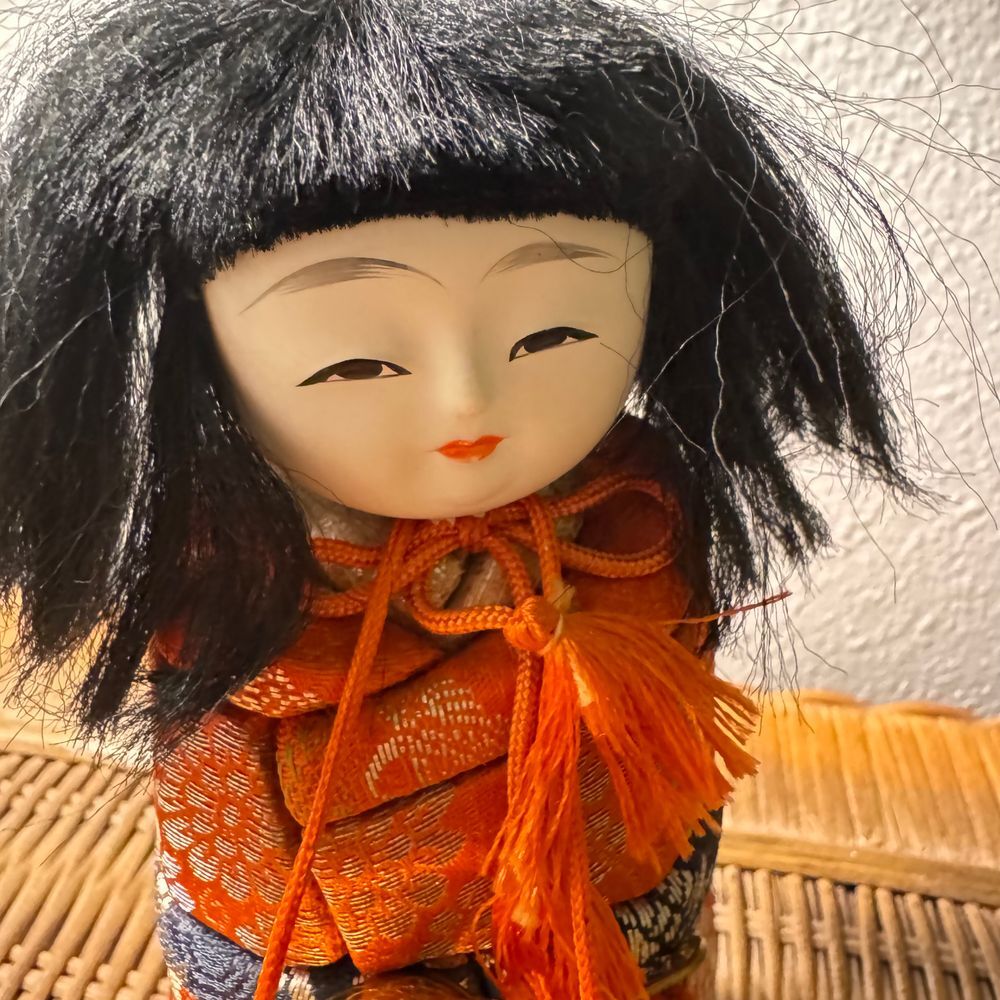 Vintage Japanese Kimekomi Doll Traditional Orange Kimono‎ Accents 7 inch 70's - Picture 14 of 15